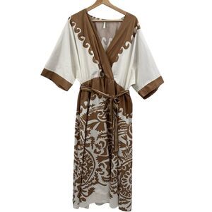 Kaktus Boho Printed Wrap Midi Tie Waist Dress in White/Brown | L/XL